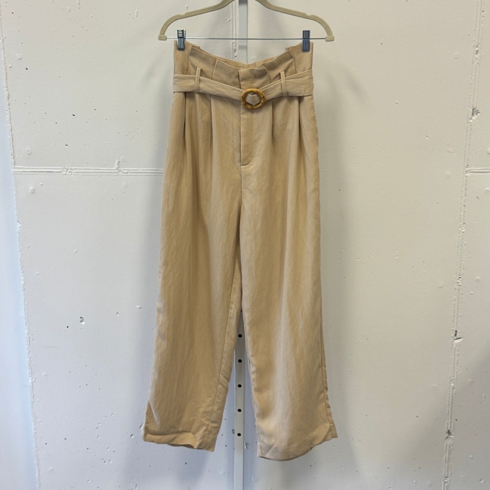Urban Revivo Tan Beige Paperbag Waist Wide Leg Belted Pants US 4 Lightweight